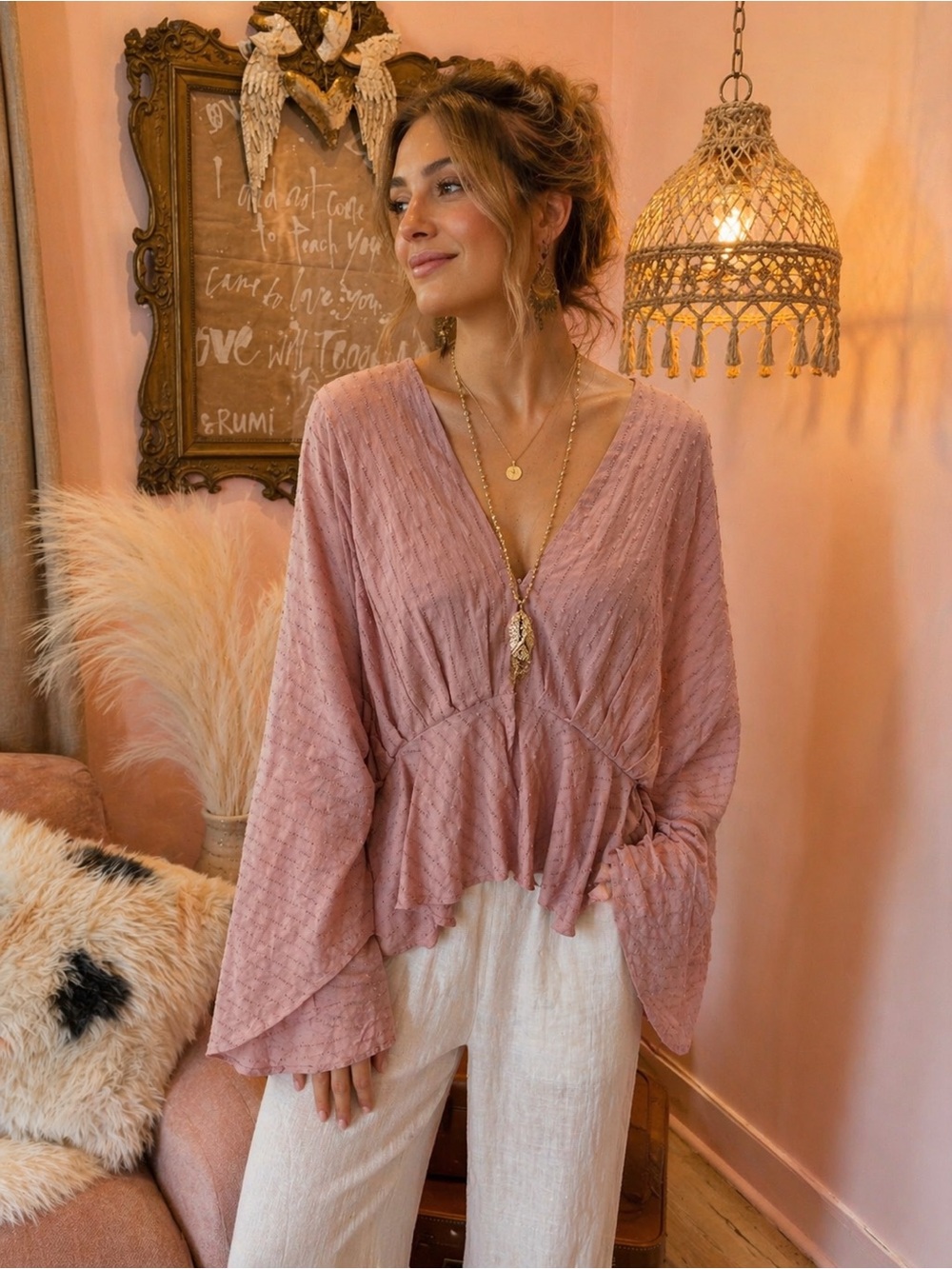 Francesca's Collections Rose Dusty Pink V-Neck Peplum Blouse